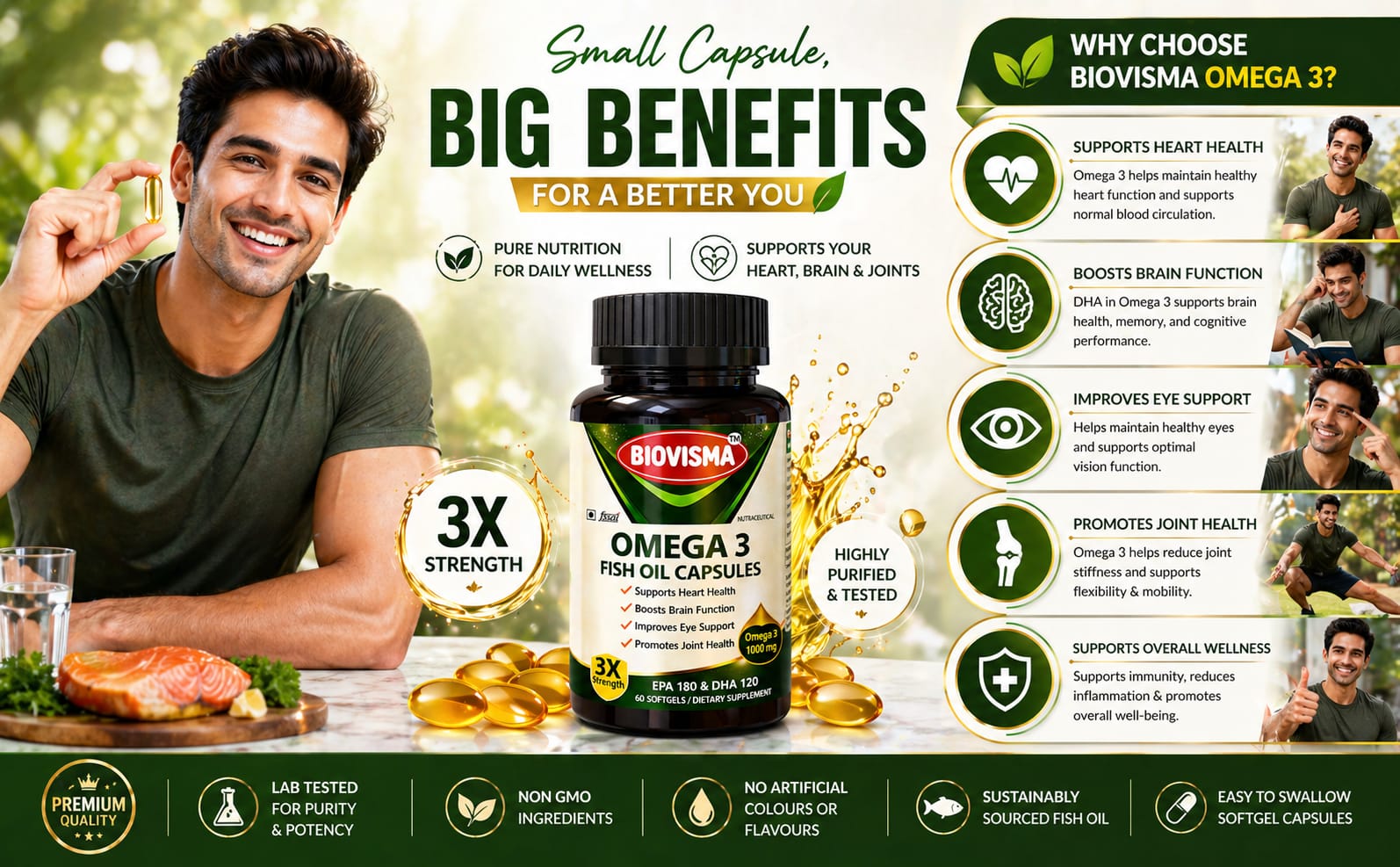 Triple Strength Omega 3 Fish Oil Capsules 1000mg with EPA 180mg and DHA 120mg | Heart Health, Eye Health, Brain Function and Joint Comfort with Fish Oil for Men & Women - 30 Softgel Capsules