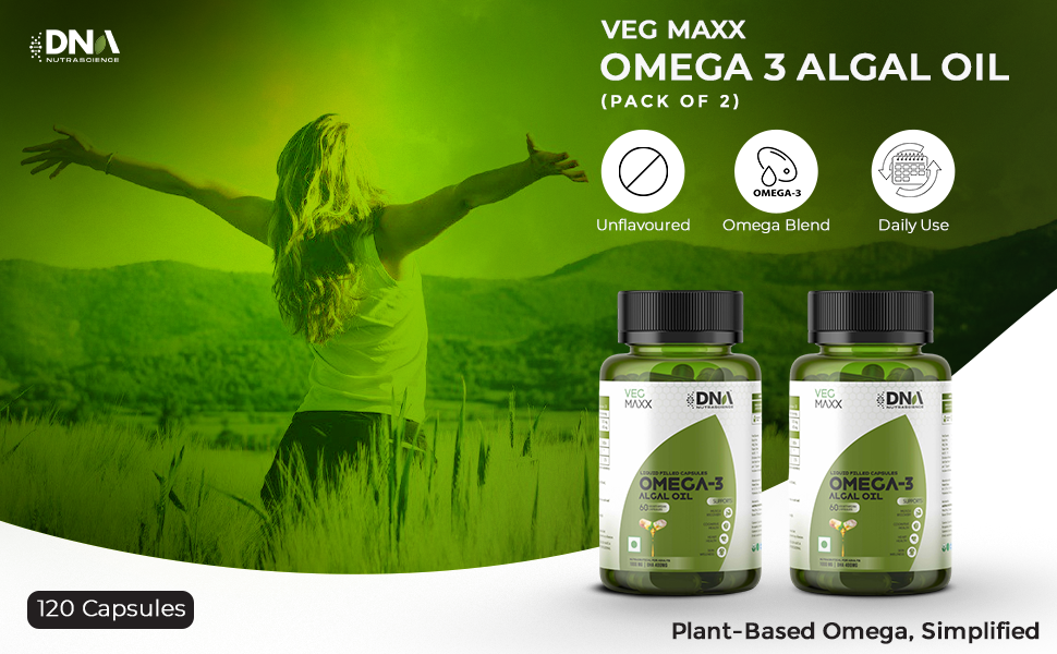 Veg Maxx Omega 3 Algal Oil 1000 mg with 400 mg DHA Plant Based Liquid Filled Capsules Unflavoured Pack of 2 x 60 Veg Capsules