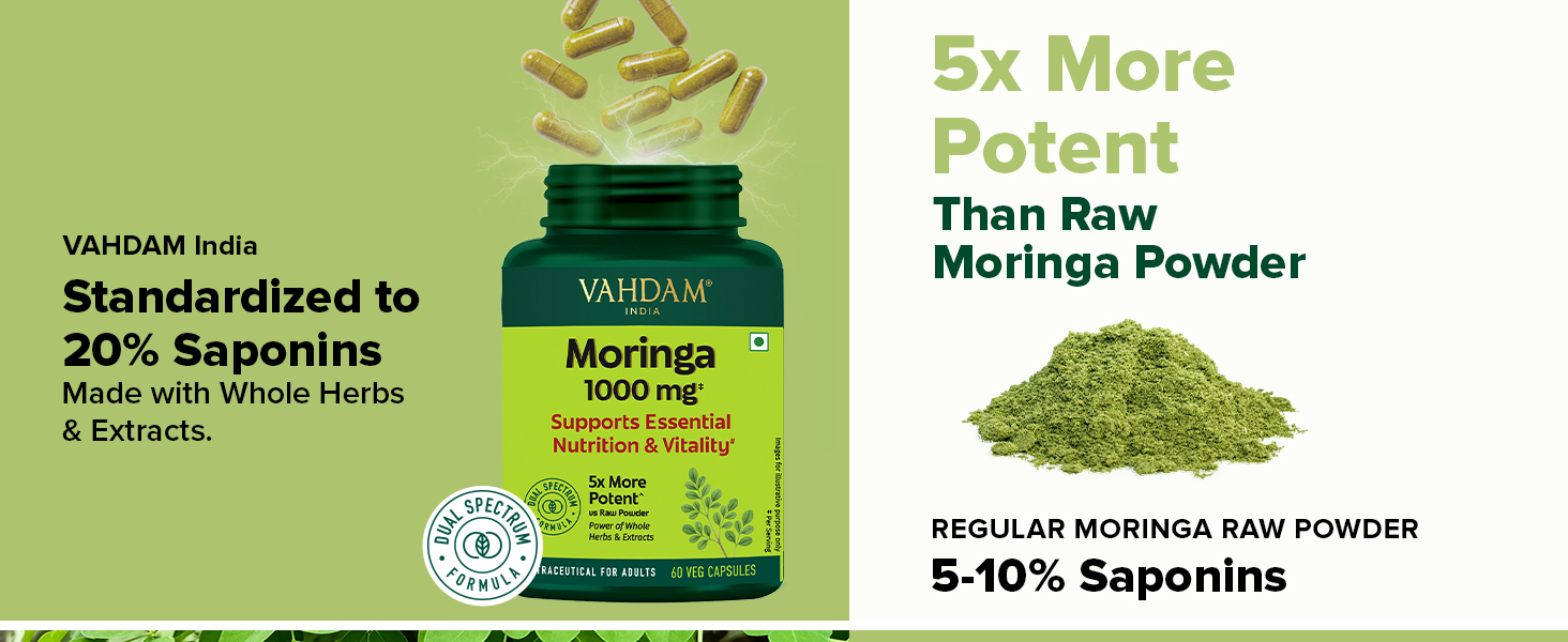 VAHDAM Moringa Capsules | Energy, Immunity & Daily Nutrition | Dual-Spectrum: Whole Herb + 50% Saponin Extract | 60 Veg Capsules | Superfood Supplement