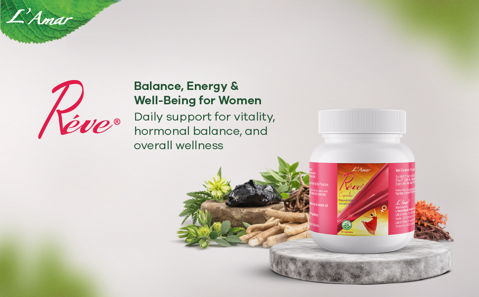 L’Amar REVE Capsules Ayurvedic support for Female Libido, Desire & Arousal – 30 Capsules | Supports Female Hormonal Balance, Anxiety & low energy levels
