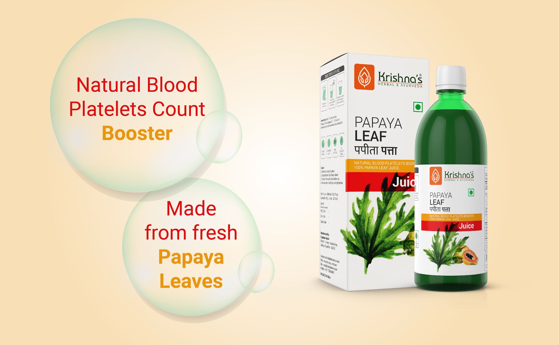 Krishna's Papaya Leaf Juice - 1000 ml | Fresh Papaya Leaves | Helps to platelets count - (Pack of 2)