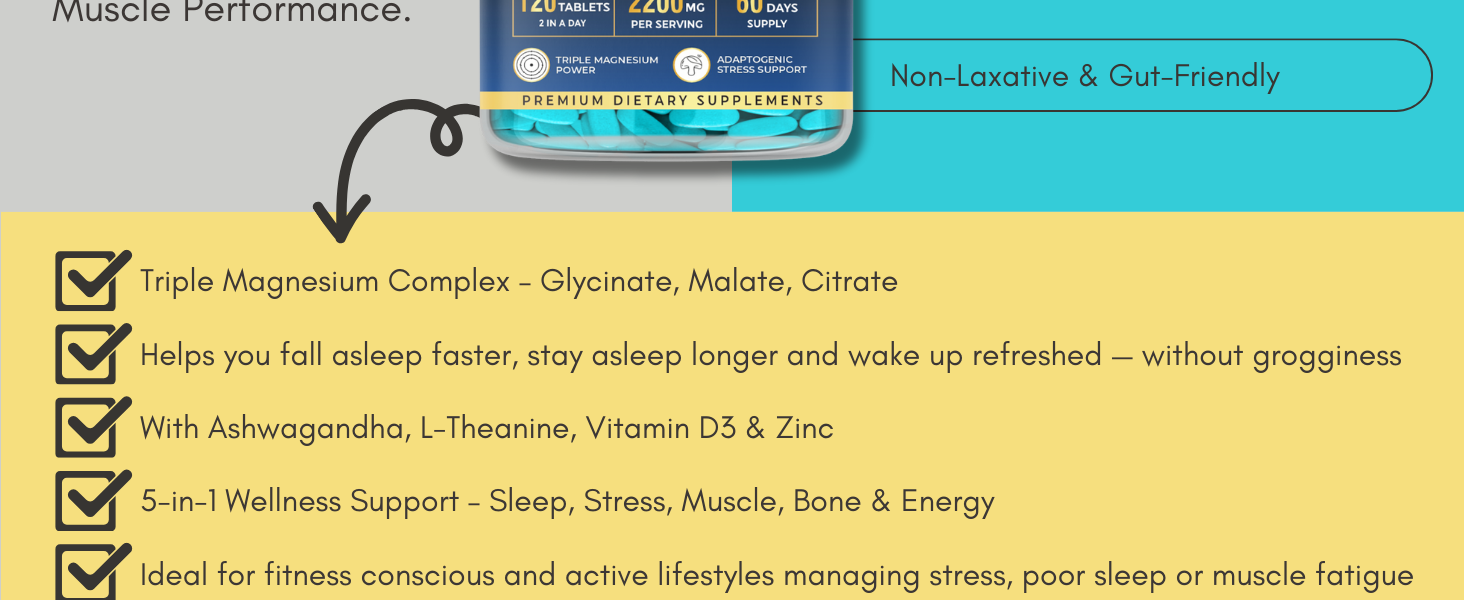 Triple Magnesium Complex Tablets | Glycinate, Malate & Citrate | 296mg Elemental Magnesium | Ashwagandha, L-Theanine, Zinc & D3 | Stress Support, Calm Focus & Muscle Function | 120 Tablets (60 Days)