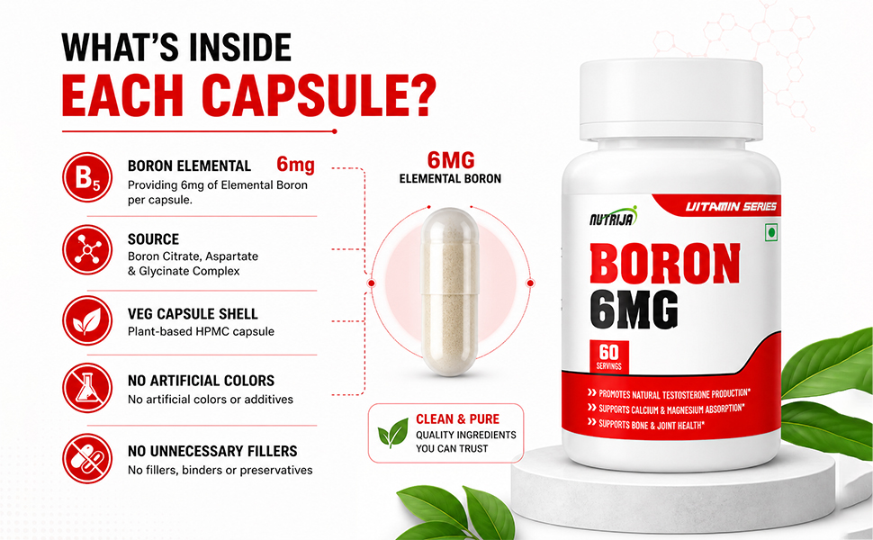 NutriJa Boron 6mg Capsules | Boron Citrate, Aspartate & Glycine Complex | Trace Mineral Supplement for Bone, Joint & Mineral Support | 60 Vegetarian Capsules