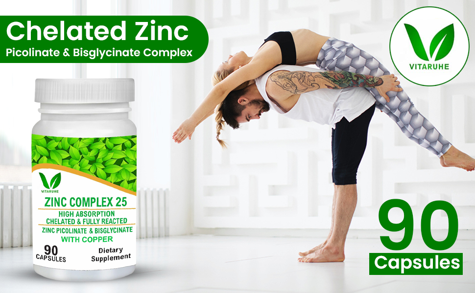 VITARUHE® Chelated Zinc Picolinate & Bisglycinate Complex with Copper, Zinc for Immune, Skin and Cellular Health, High Absorption, Non-GMO, 90 Capsules