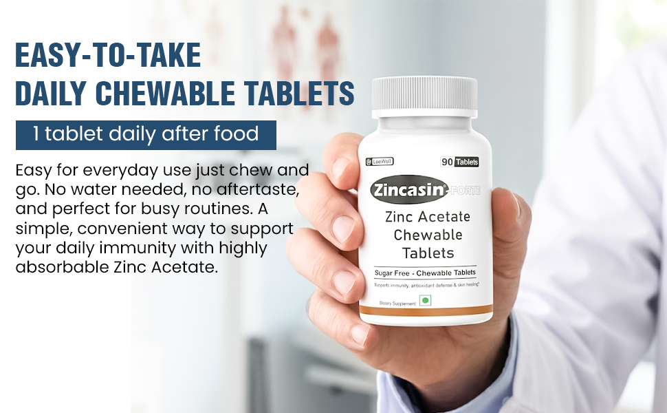 Zincasin Forte (LeeWell) Zinc Acetate Sugar-Free Chewable Tablets, 90 Count, Dietary Supplement for Immunity Support