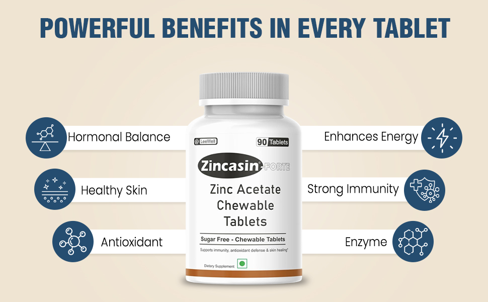 Zincasin Forte (LeeWell) Zinc Acetate Sugar-Free Chewable Tablets, 90 Count, Dietary Supplement for Immunity Support