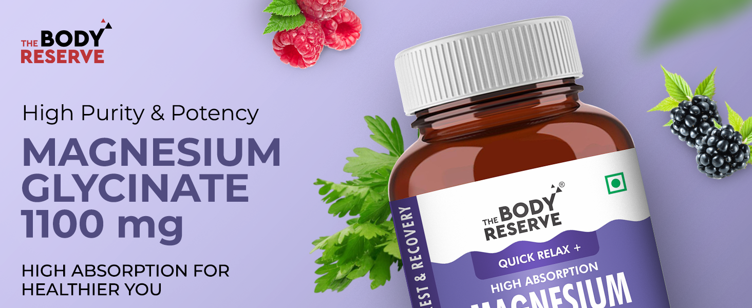 The Body Reserve Magnesium Glycinate Supplement - 120 Veg Tablets, 1100mg Per Serving, High Absorption Chelated Form - Muscle & Nerve Health, Relaxation for Men & Women