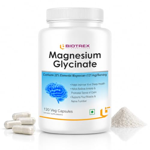 Biotrex Nutraceuticals Magnesium Glycinate | Highest Bioavailability | Cramps, Sleep & Mood balance | Chelated Form With Superior Absorption | Muscle Recovery & Nerve Function | 120 Veg Capsules