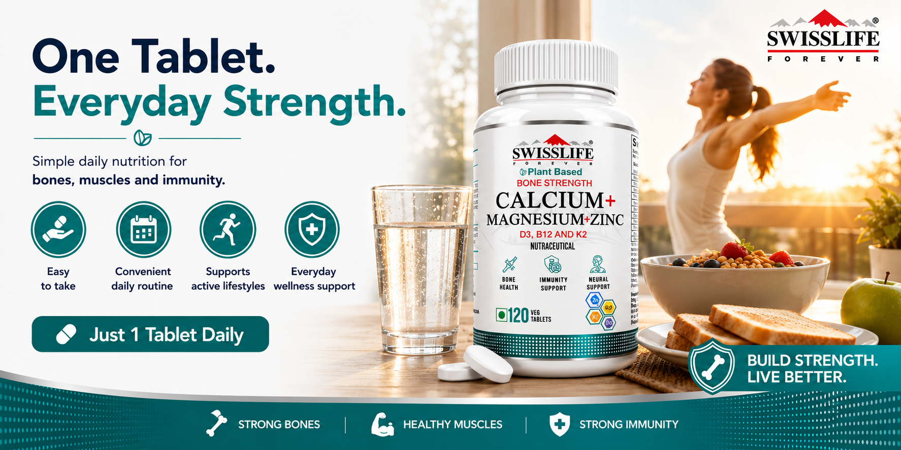 SWISSLIFE FOREVER Calcium Magnesium Zinc with Vitamin D3, K2 MK7 & B12 | Bone Strength, Immunity & Nerve Health Support | Calcium Supplement for Men & Women | 60 Tablets