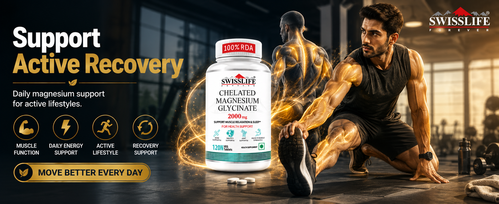 SwissLife Forever Magnesium Glycinate Tablets 120 Veg Tablets | High Absorption Chelated Magnesium | Supports Sleep, Muscle Recovery, Stress Relief and Bone Health | For Men and Women