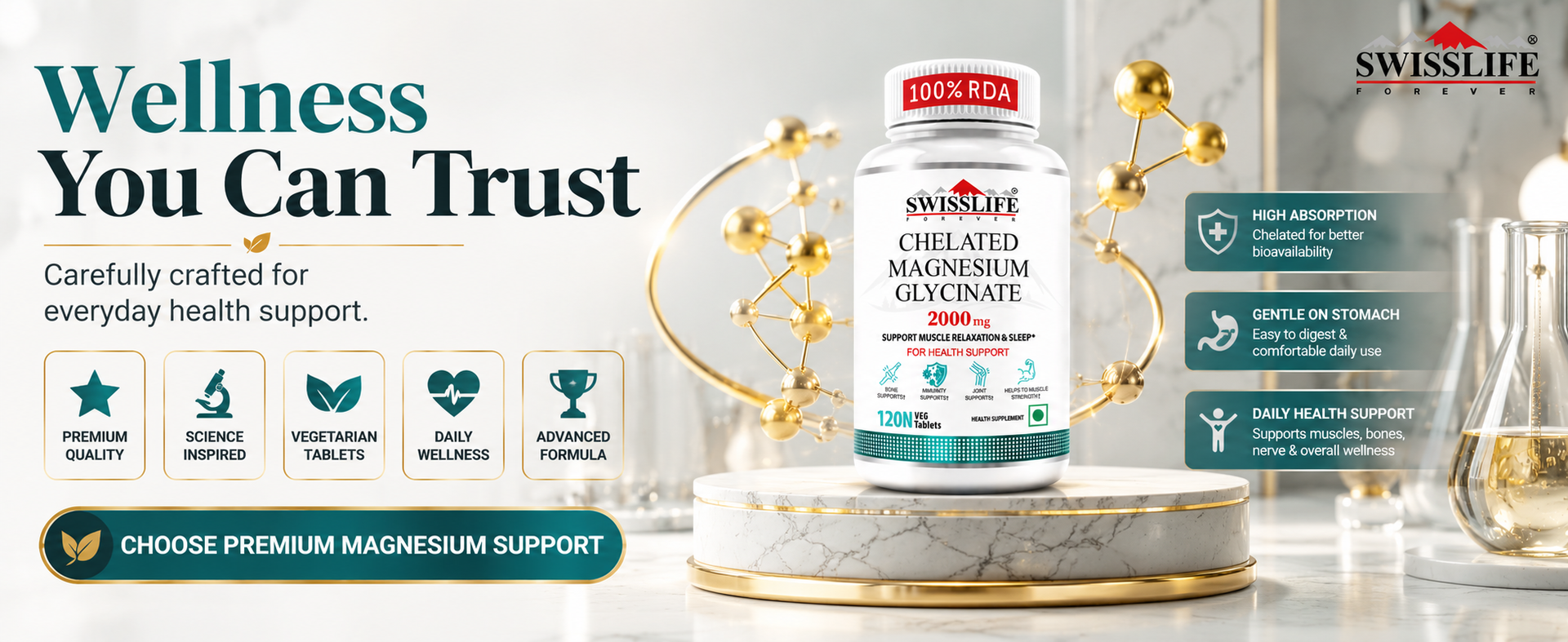 SwissLife Forever Magnesium Glycinate Tablets 120 Veg Tablets | High Absorption Chelated Magnesium | Supports Sleep, Muscle Recovery, Stress Relief and Bone Health | For Men and Women