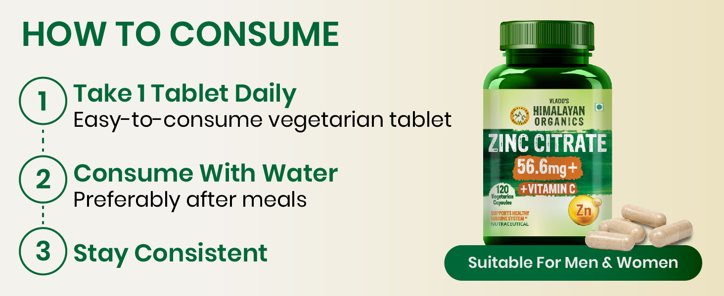 Vlado’s Himalayan Organics Zinc Citrate with Vitamin C | Zinc Supplements for Men & women with 100% RDA Zinc | Immunity & Cellular Health Support - Support Healthy Immune Function | Improve Iron Absorption | Antioxidant Support - 120 Tablets