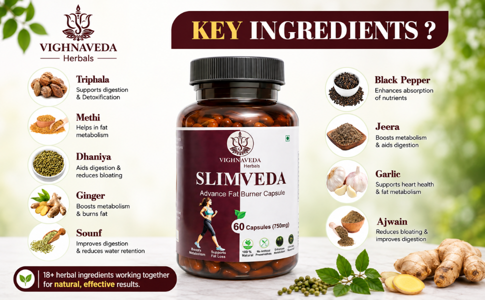 VIGHNAVEDA Slimveda Advance Ayurvedic Weight Loss Capsules for Men & Women | Fat Burner & Appetite Control | Triphala, Ginger, Garlic & Jeera | Metabolism Support | 60 Veg Capsules