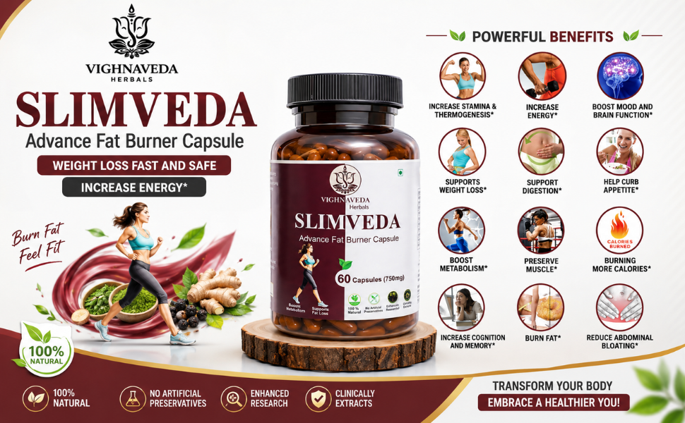 VIGHNAVEDA Slimveda Advance Ayurvedic Weight Loss Capsules for Men & Women | Fat Burner & Appetite Control | Triphala, Ginger, Garlic & Jeera | Metabolism Support | 60 Veg Capsules