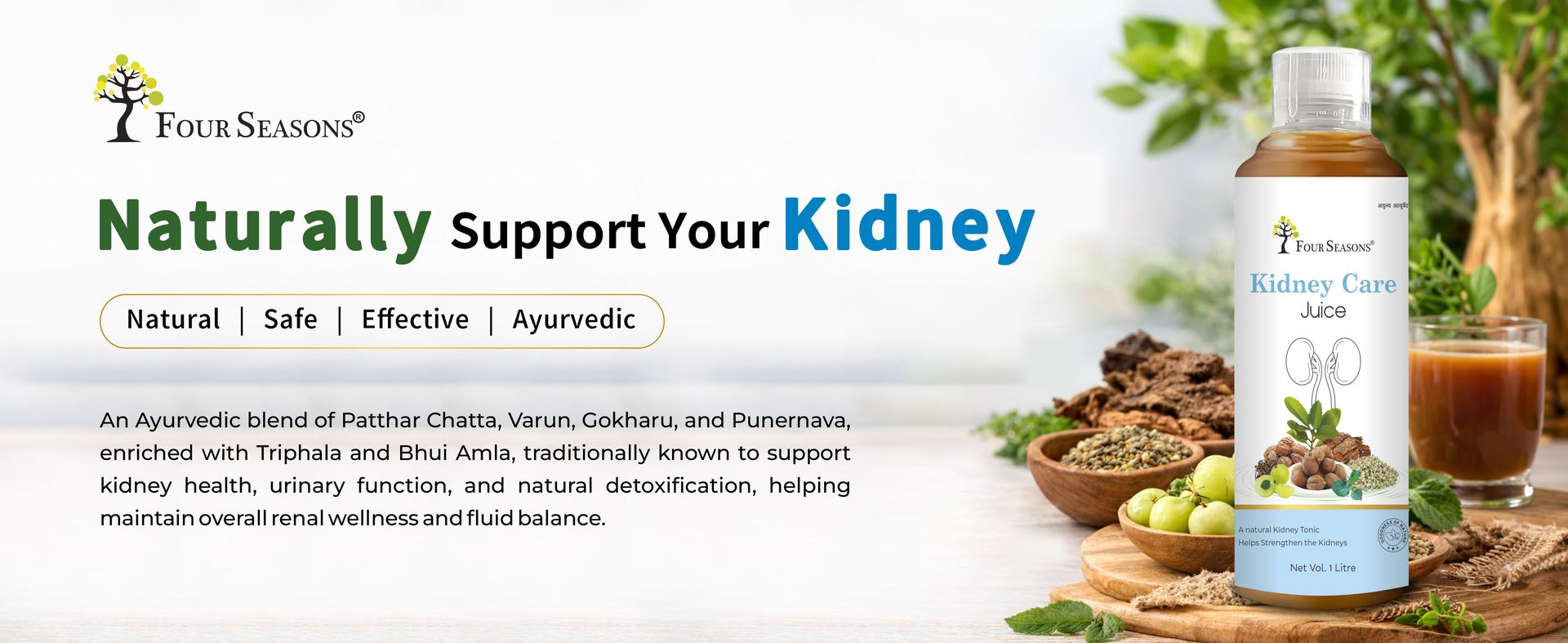 Four Seasons Pure Ayurvedic Kidney Care & Detox Juice with Varun & Punarnava – Natural Urinary Tract Support & Kidney Stone Care Tonic – 100% Herbal & Sugar-Free (1L) PK 1