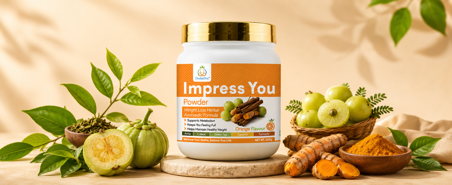 ImpressYou Weight Loss Powder | Metabolism & Fat Burner Support with Green Tea, Green Coffee & Garcinia | Ayurvedic Digestion & Weight Management Supplement (500 Gm)