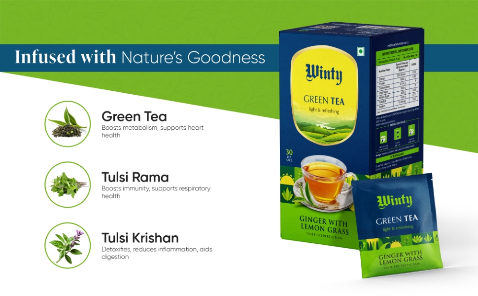 Winty Ginger Lemongrass Green Tea 30 Tea Bags | Wellness Brew | Rich in Antioxidants | Aromatic Blend | Herbal Tea for Natural Detox