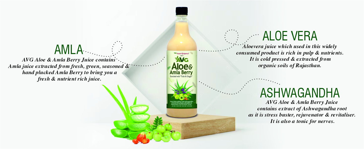 AVG Health Organics AVG Aloe and Amla Berry Green Juice Enriched with Ginger, Tulsi and Ashwagandha - Great Stress Buster , Sugar Free -500 ml
