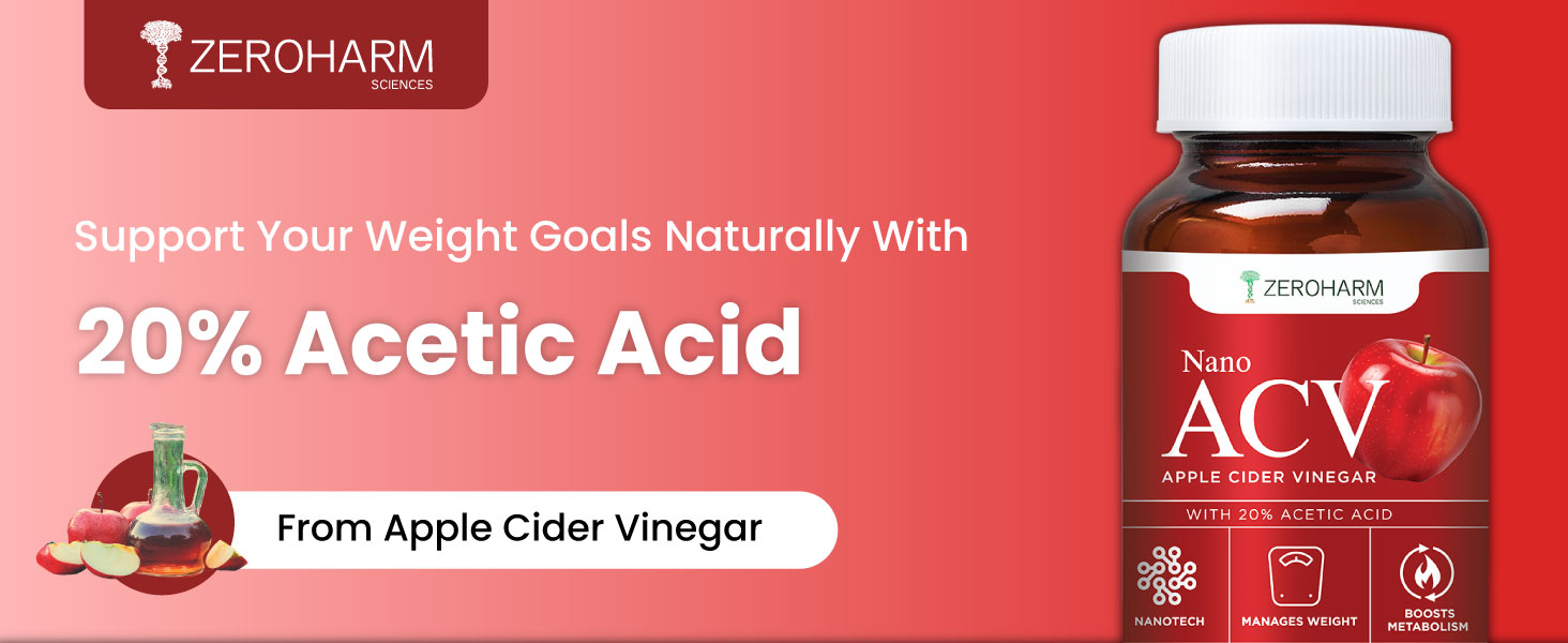 ZEROHARM Nano Apple Cider Vinegar (ACV) 500mg with 20% Acetic Acid | Supports Metabolism, Cravings & Appetite Control | Aids Gut Health, Digestion & Weight Management | Men & Women | 60 Capsules