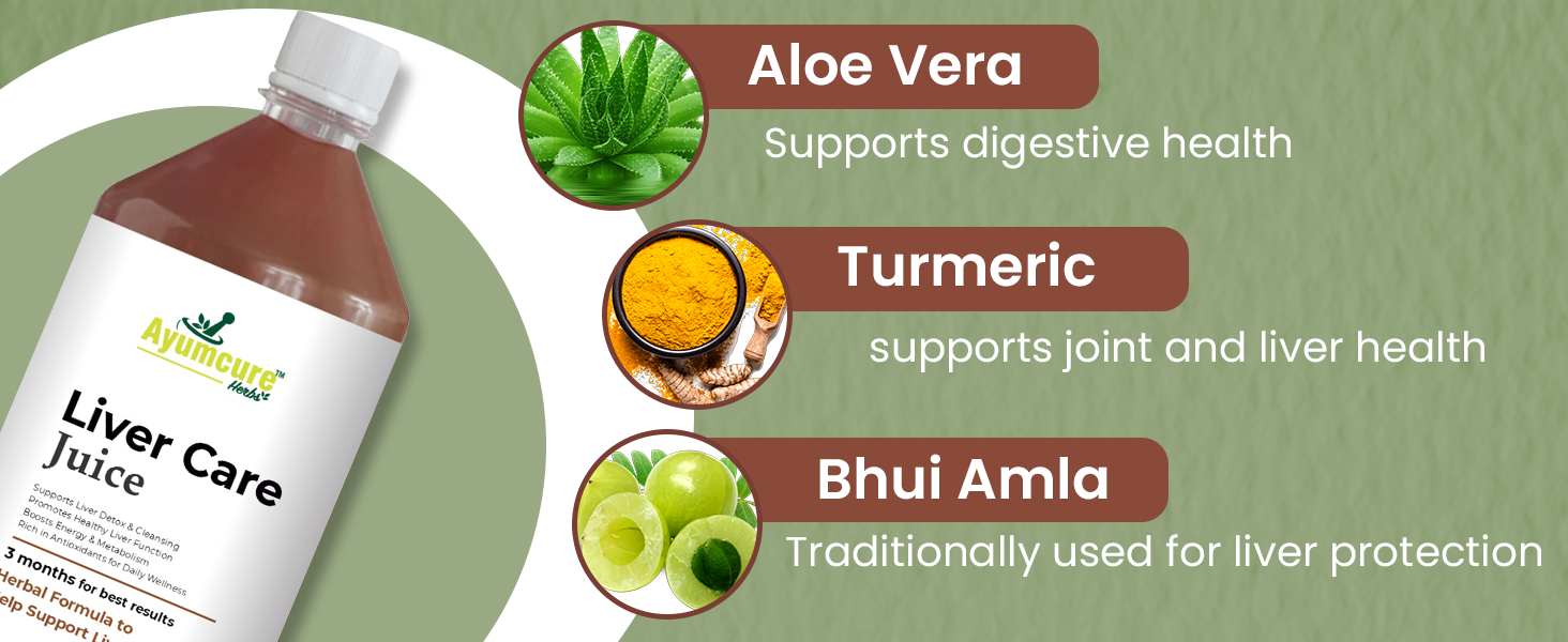 Ayumcure Liver Care Juice | Ayurvedic Liver Support Formula with Aloe Vera, Bhui Amla, Kalmegh, Turmeric, Kasni, Punarnava & Traditional Herbs | Natural Antioxidant Support | Plant-Based Herbal Wellness Drink for Men & Women | 1L