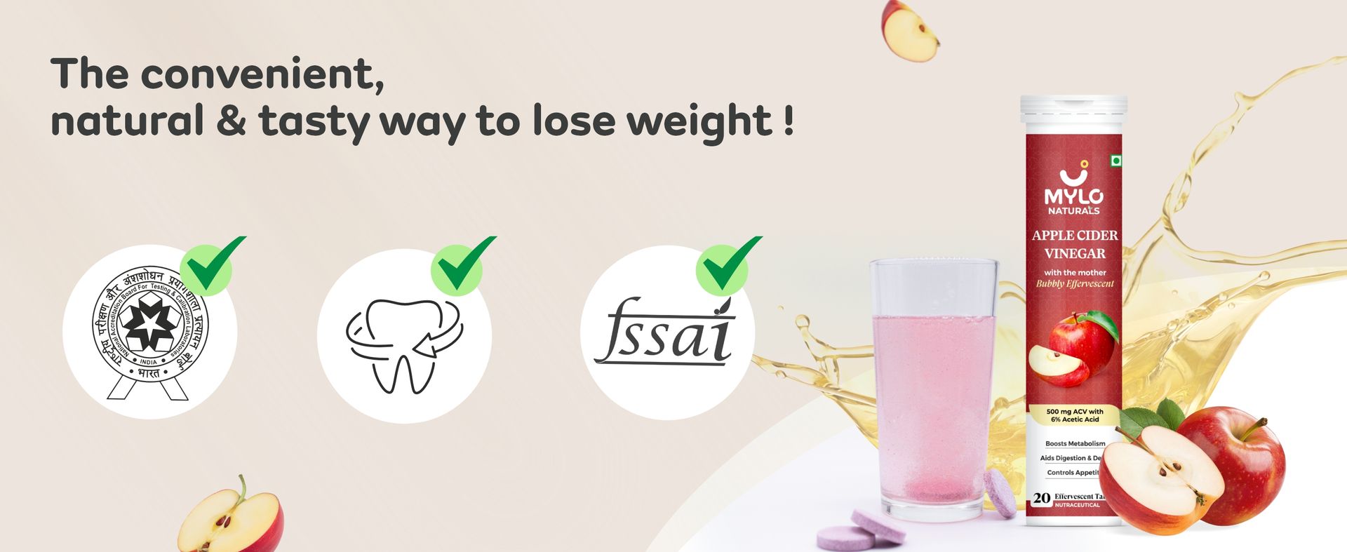 Mylo Apple Cider Vinegar Tablets for Weight Loss | Effervescent ACV Tablets | With Vitamin B6 and B12 | 100% Natural (Pack of 1)