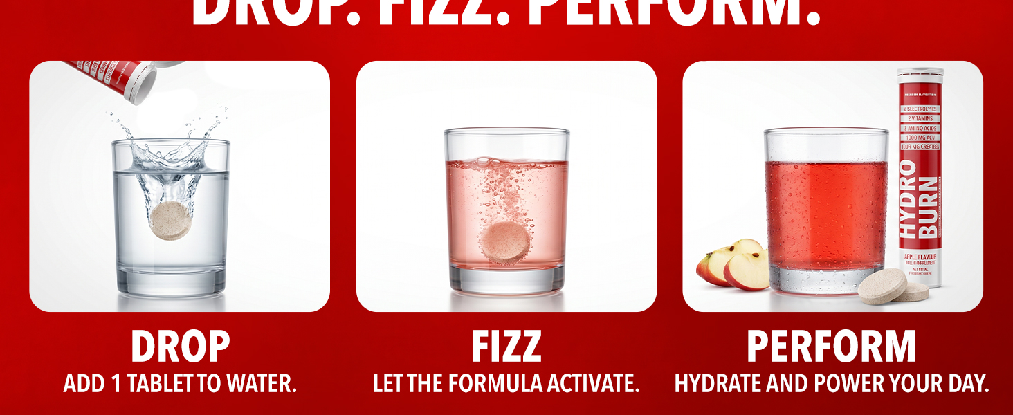 Hydro Burn | Advanced Hydration & Fat Loss | Creatine | Apple Cider Vinegar | 5 Electrolytes + 2 Vitamins + 2 Amino Acids | Instant & Sustained Energy | Supports Fat Reduction | Electrolyte Drink |20 Tabs