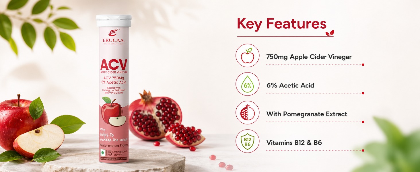 ACV Effervescent Health Supplement | Apple Cider Vinegar 750mg with Pomegranate Extract, Vitamin B6 & Vitamin B12 | Watermelon Flavour | 15 Effervescent Tablets