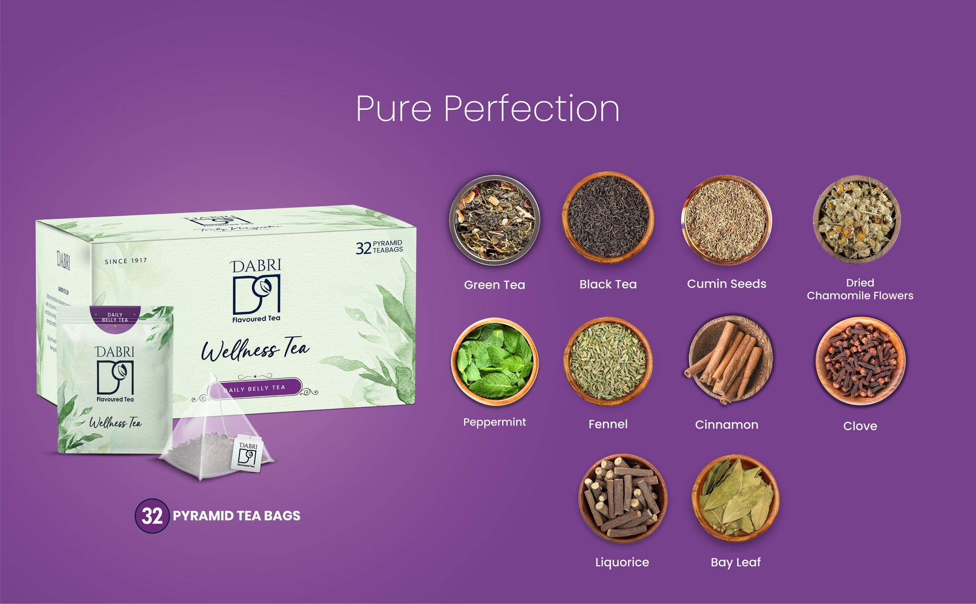 Dabri Daily Belly Wellness Tea 32 Pyramid Dip Tea Bags |Herbal Blend for Digestion |Pure Natural Taste |Detox Tea for Bloating, Constipation, Acidity & Gas Relief |Supports Gut Health & Comfort Daily