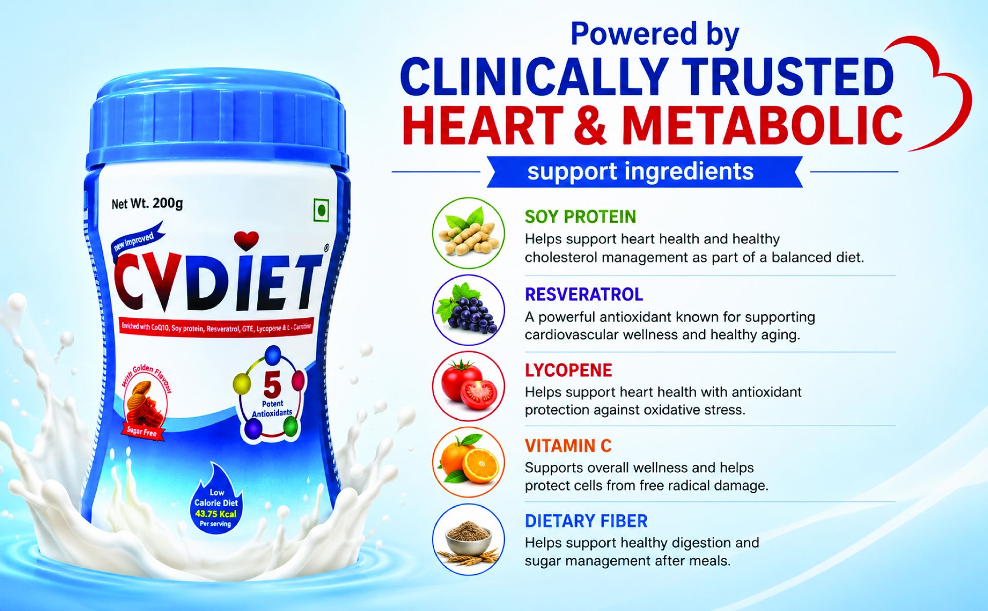 CVDiet Cardiac Nutritional Shake for Heart Health & Metabolic Wellness | Supports Healthy Blood Sugar, Cholesterol & Insulin Response | Low Calorie Heart Supplement for Weight Management | Sugar Free | 200gm Pack of 3