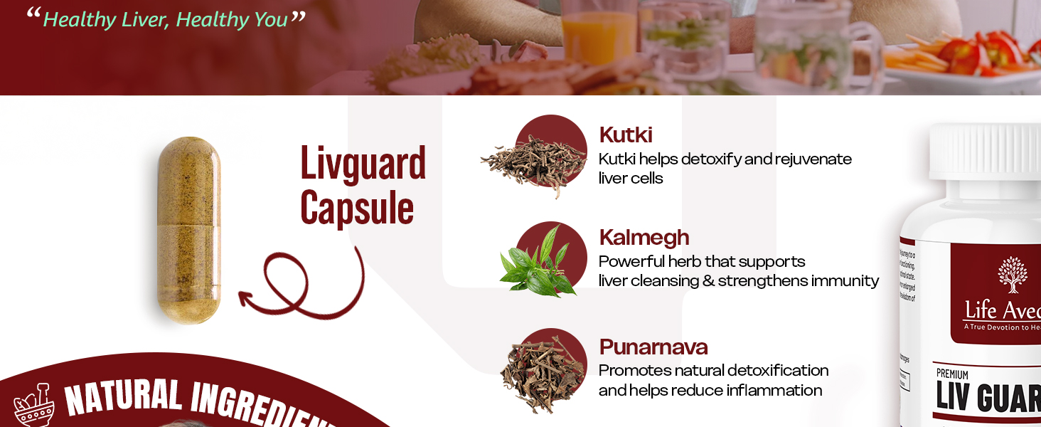 Life Aveda Liv Guard for Fatty Liver and Liver Detox Supplement | Help and Support Digestion, Blood purifier, Liver Function & Metabolism | Organic & Natural Ayurvedic Lever Detox Capsules | 60 Veg Caps (One Month Supply)