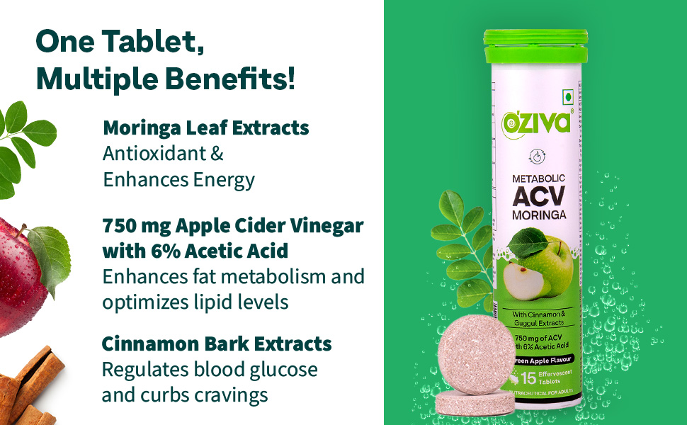 OZiva ACV Moringa| Control Cravings | Green Apple (Pack of 2) and OZiva Bioactive Glutathione Tablets for Radiant Skin - (Pack of 2), Strawberry