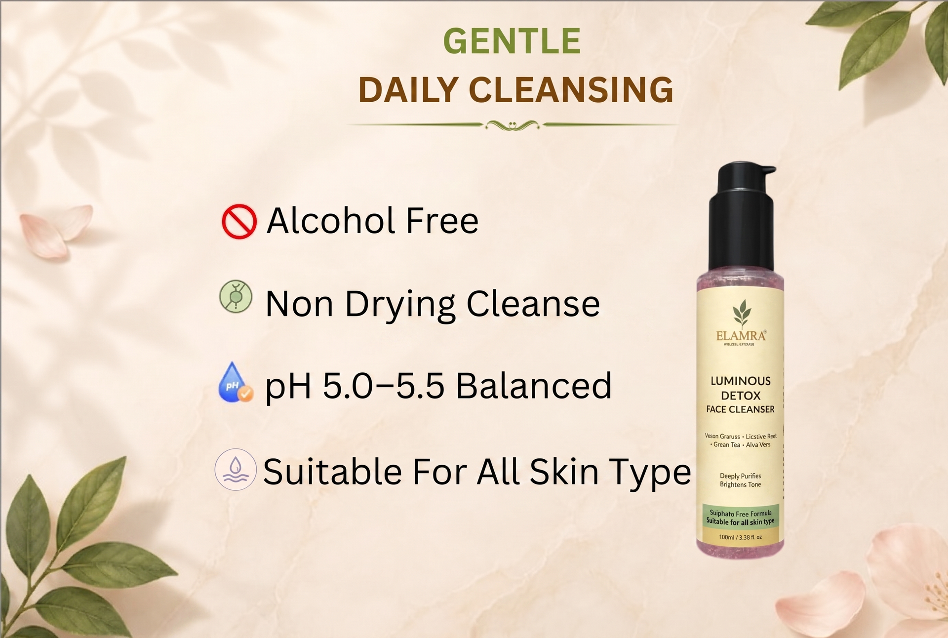 ELAMRA Luminous Detox Face Cleanser | Face Wash for Acne, Oil Control & Glowing Skin | 2% Neem + 1.5% Licorice Root + Green Tea | Sulphate-Free, pH-Balanced | For Oily & Acne-Prone Skin | 100ml