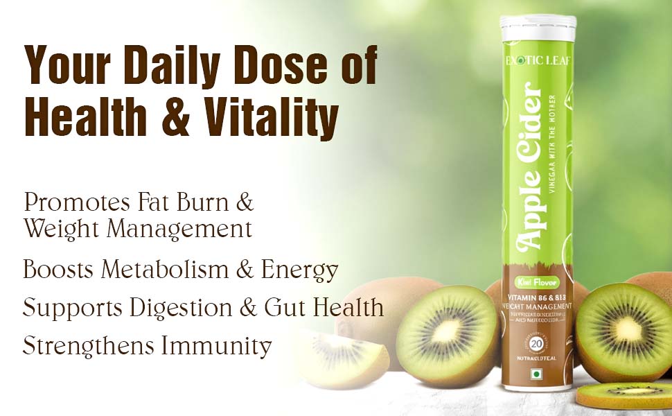 Apple Cider Vinegar Effervescent Tablets with Kiwi Flavour | With the Mother | Supports Digestion, Detox, Weight Management & Metabolism – 20 Tablets Pack of 3