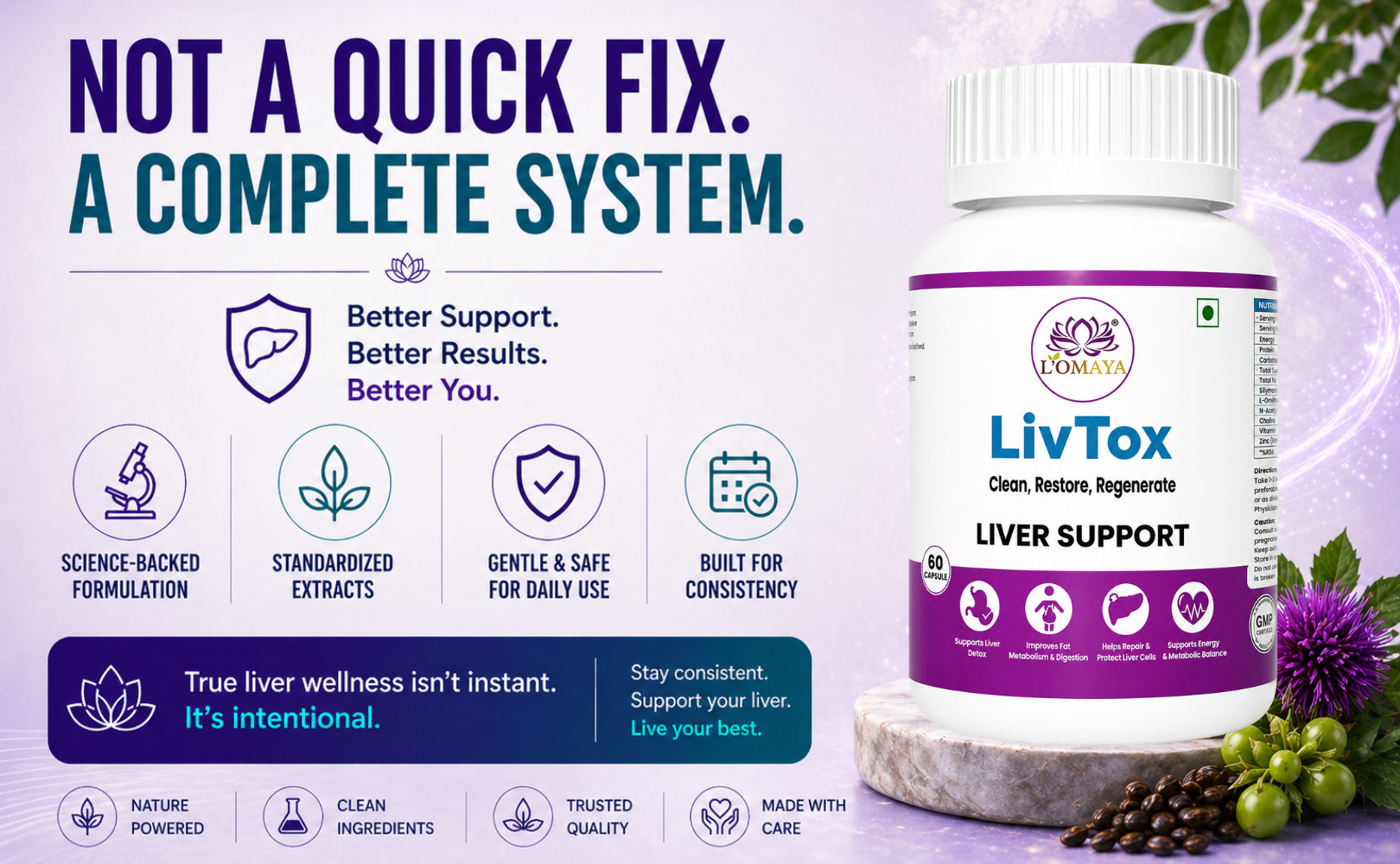 L'Omaya LivTox | Liver Detox Supplement with Milk Thistle, NAC & Kutki | Bhumi Amla, Kalmegh, Patented CurcuBoost® & PiperBoost® | Liver Cleanse, Bile Flow & Fatty Liver Support | 60 Veg Capsules
