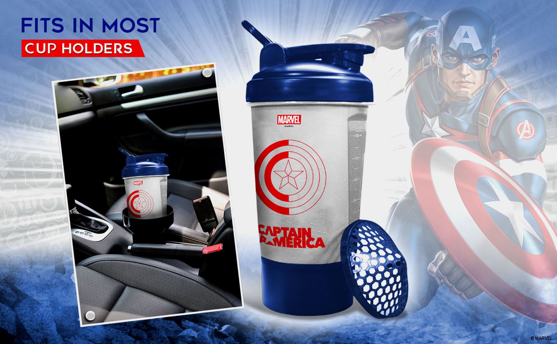 PowerMax Fitness Captain America Marvel Edition Shaker Bottle 600Ml, 100% Leakproof Guarantee Sipper Bottle Ideal For Protein, Pre-Workout And Bcaas, Bpa Free Material, Plastic (Clear)