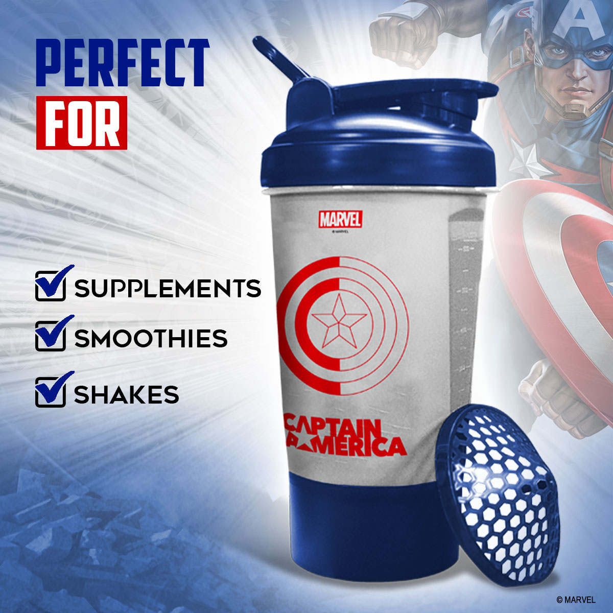 PowerMax Fitness Captain America Marvel Edition Shaker Bottle 600Ml, 100% Leakproof Guarantee Sipper Bottle Ideal For Protein, Pre-Workout And Bcaas, Bpa Free Material, Plastic (Clear)