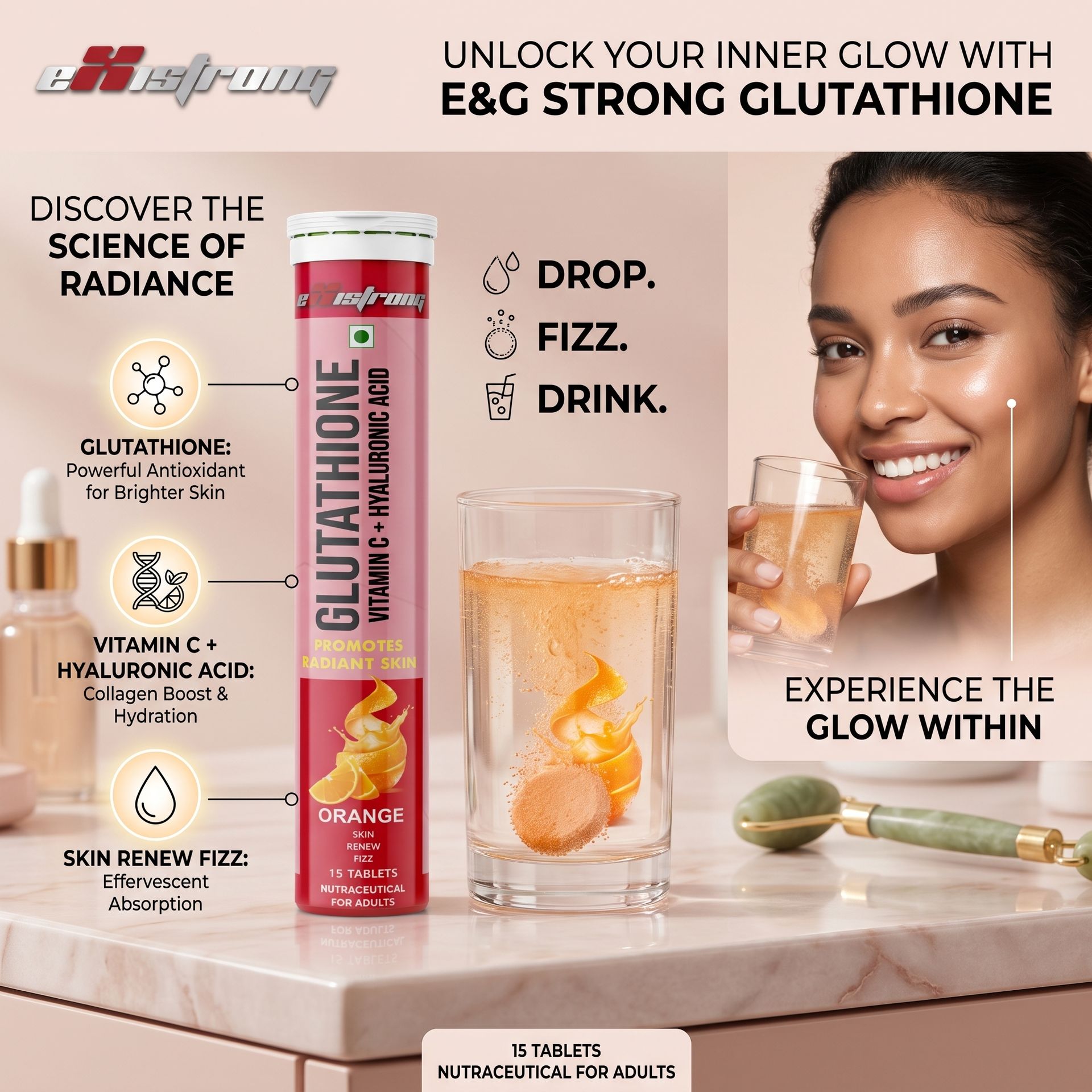 Glutathione Effervescent Tablet With Vitamin C & Hyaluronic Acid (Pack Of 4 Orange) 15 Tablet, 60 Counts | 500mg L-Glutathione, Vitamin E