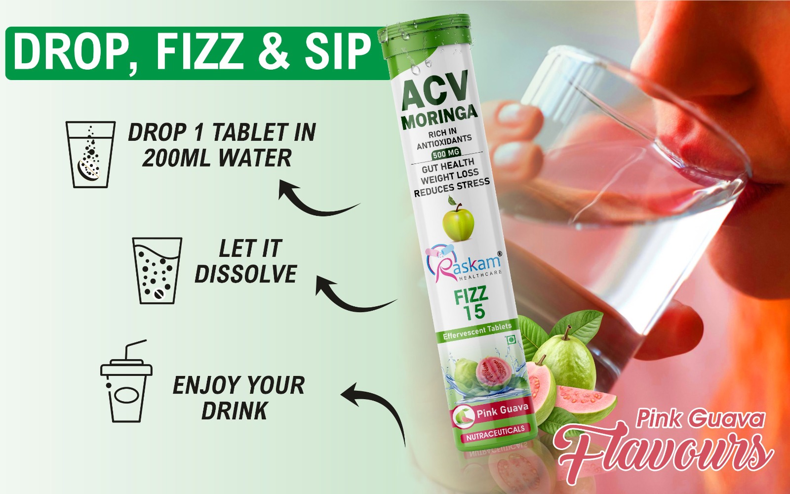 ACV Moringa Effervescent Tablets 500mg – Pink Guava Flavor, No Added Sugar, Supports Appetite Control, Immunity & Natural Energy – 15 Fizz Tabs (Pack of 1)