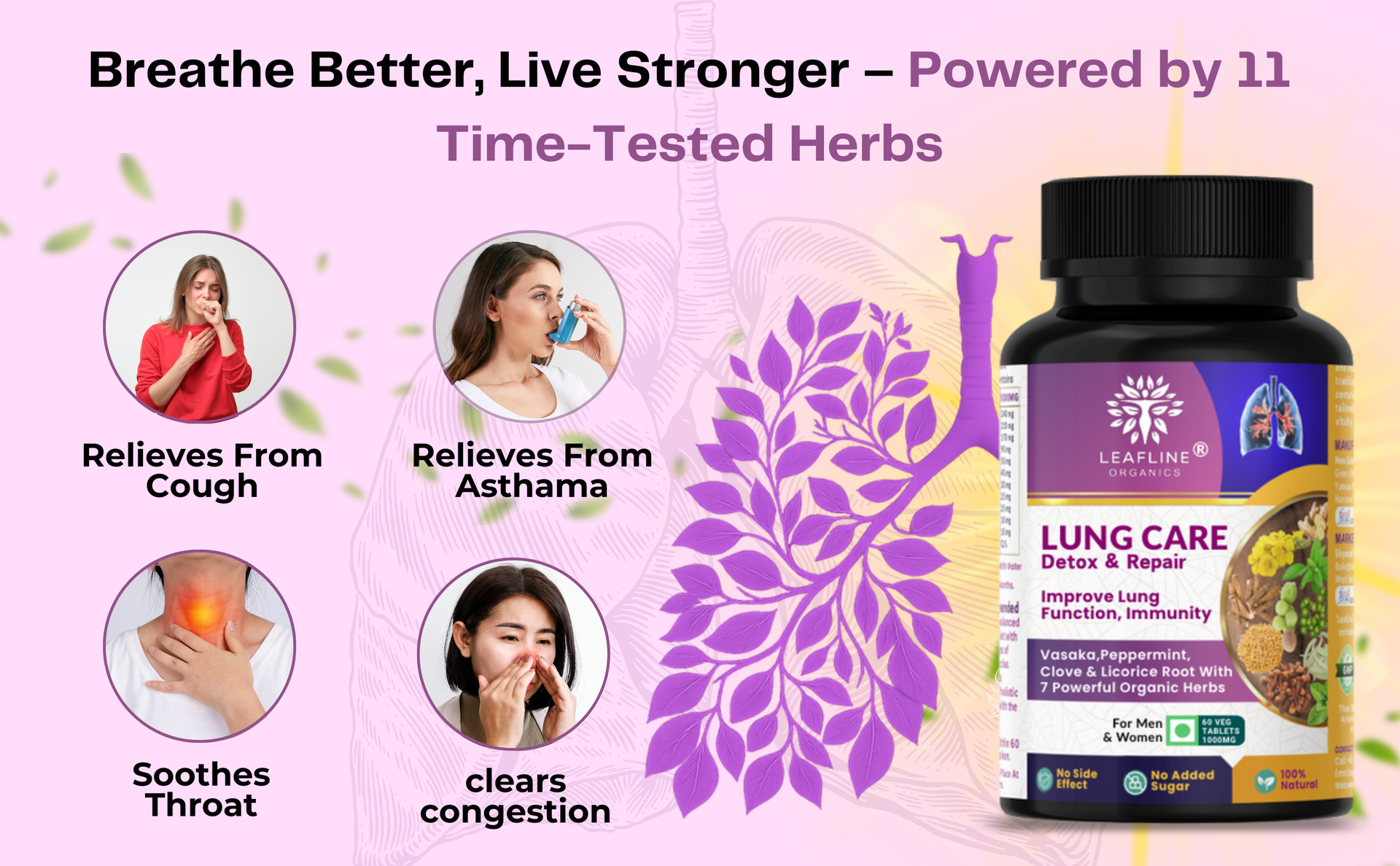 Leafline Lung Detox & Repair With Vitamin-C, Vasaka, Mullein, Tulsi | Improves lung Function, Reduce Cough | Clears Mucus, Pollution, Smoke Tar | 1000Mg 60 Veg Tablet | Advance Lung Health Supplements For Men & Women