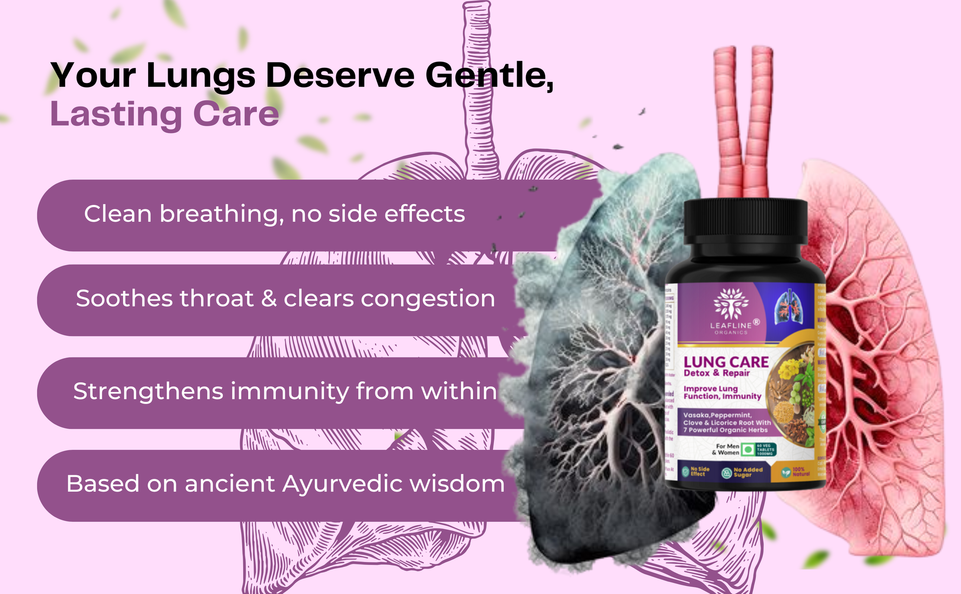 Leafline Lung Detox & Repair With Vitamin-C, Vasaka, Mullein, Tulsi | Improves lung Function, Reduce Cough | Clears Mucus, Pollution, Smoke Tar | 1000Mg 60 Veg Tablet | Advance Lung Health Supplements For Men & Women