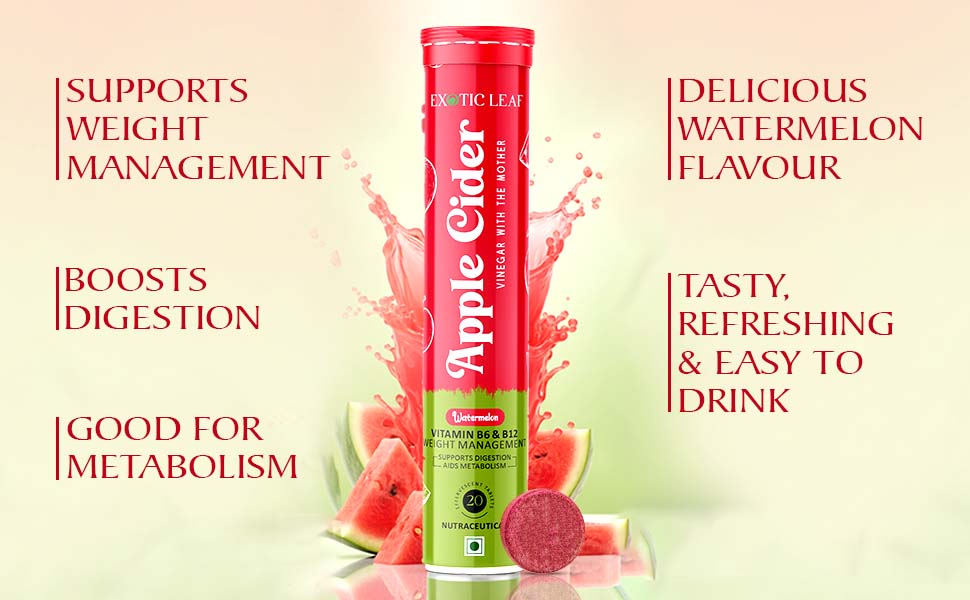 Apple Cider Vinegar Effervescent Tablets with Watermelon Flavour | With the Mother | Supports Detox, Digestion & Weight Management – 20 Tablets Pack of 3