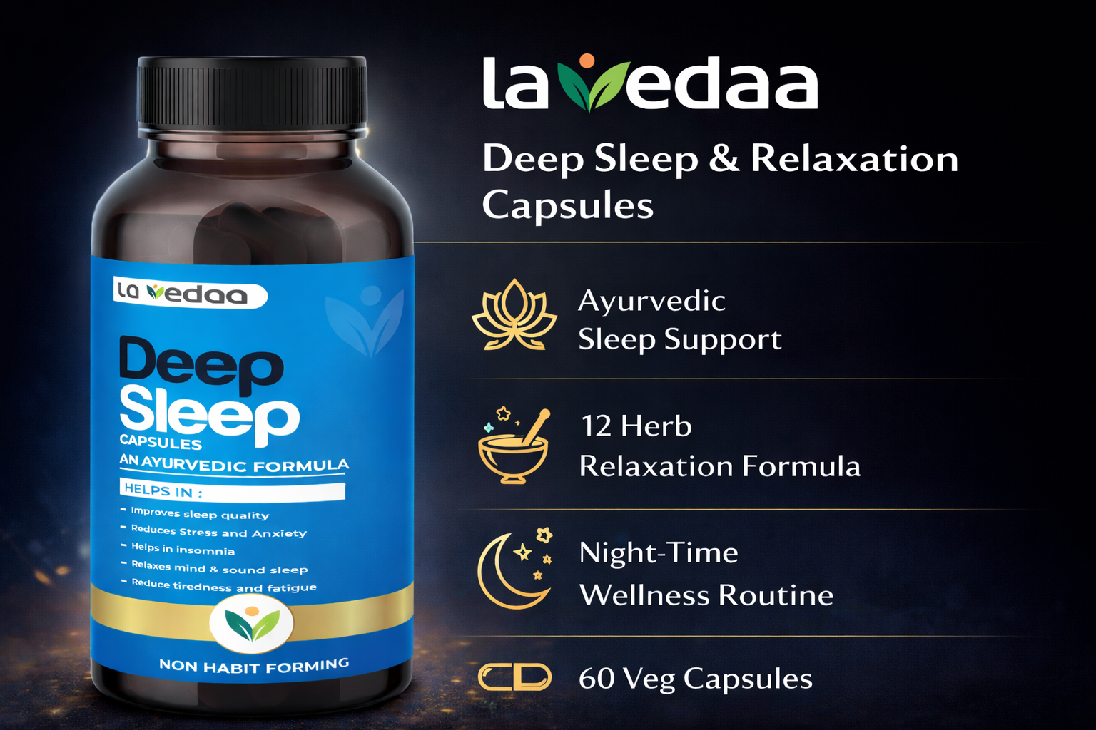 Deep Sleep & Relaxation Capsules | Ashwagandha, Tagar, Brahmi & Jatamansi | Ayurvedic Sleep Support & Stress Support | 12 Herbs | Men & Women | 60 Veg Capsules, pack of 1