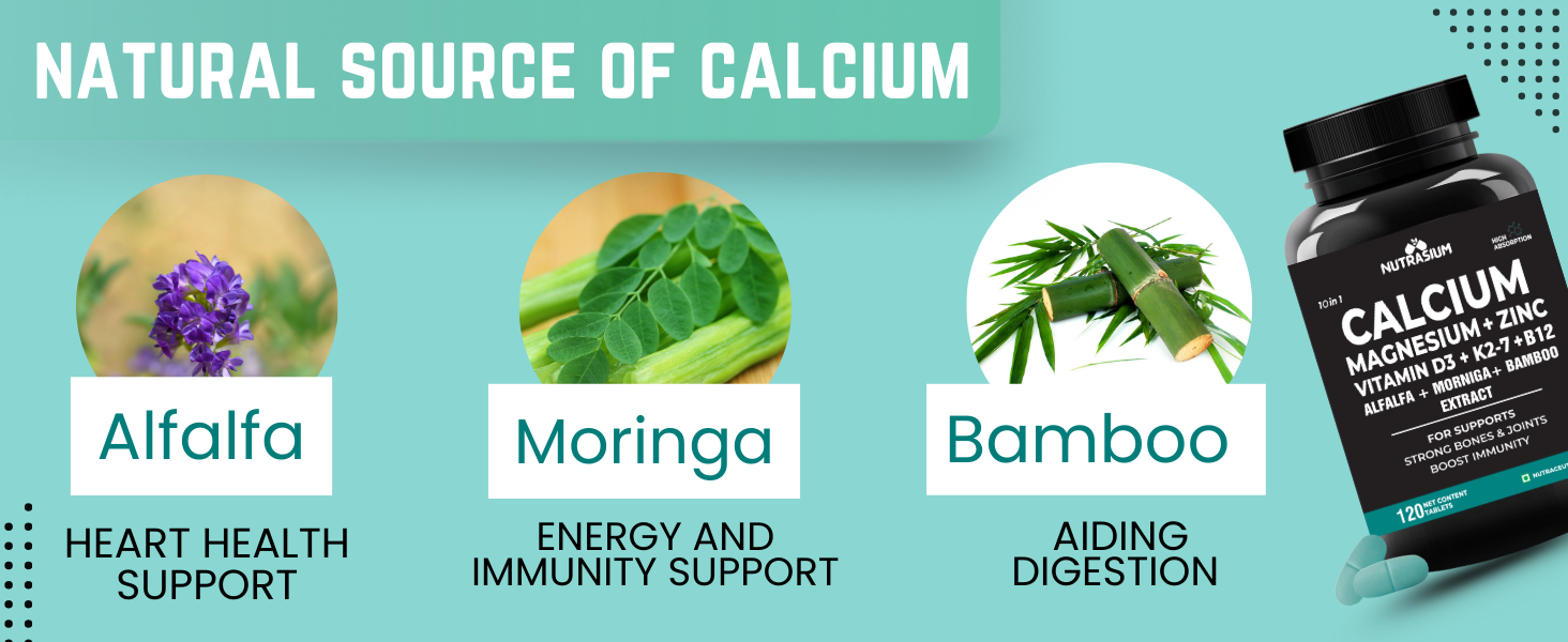 Nutrasium Calcium Magnesium Zinc Tablets with Vitamin D3, Vitamin K2-7 & Vitamin B12 | Alfalfa, Moringa & Bamboo Extract | High Absorption Mineral & Vitamin Supplement | 60 Tablets