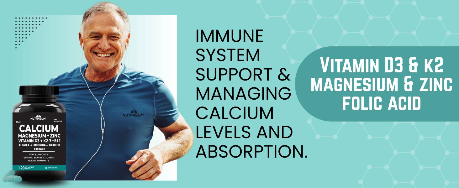 Nutrasium Calcium Magnesium Zinc Tablets with Vitamin D3, Vitamin K2-7 & Vitamin B12 | Alfalfa, Moringa & Bamboo Extract | High Absorption Mineral & Vitamin Supplement | 60 Tablets
