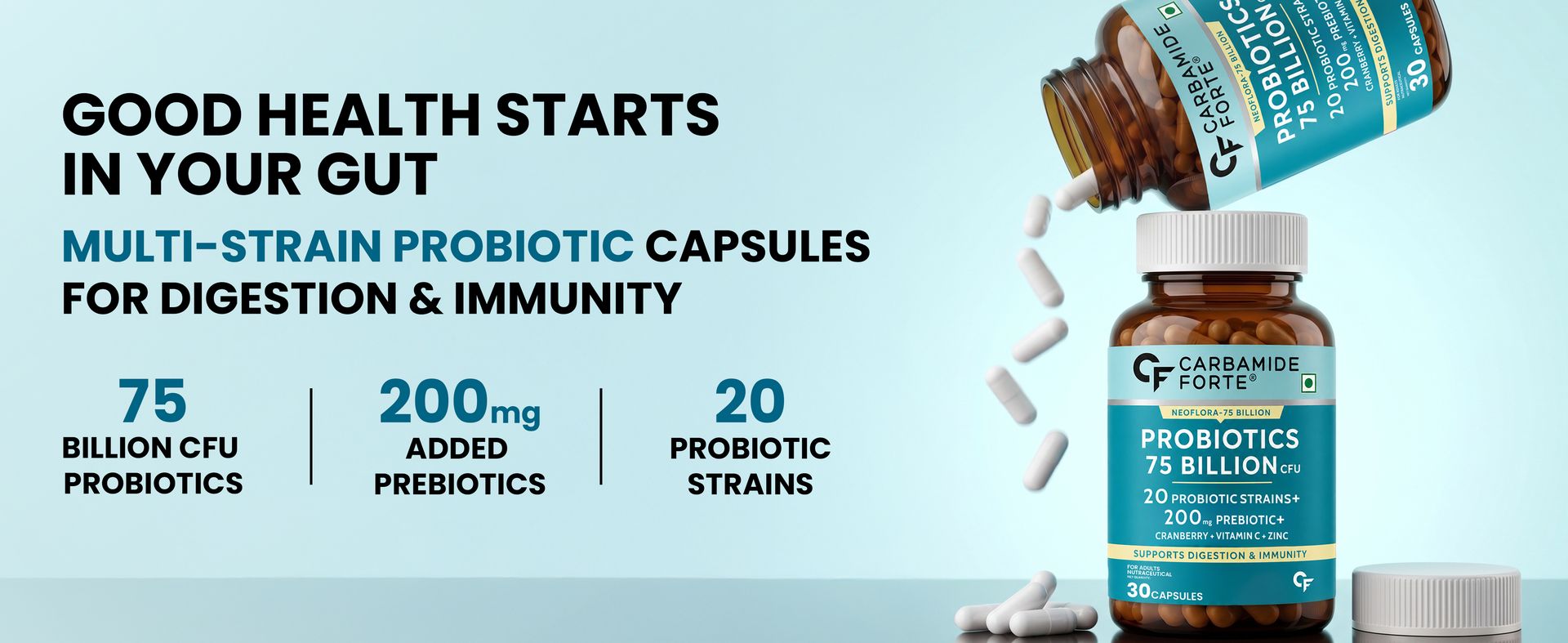 Carbamide Forte 75 Billion CFU Probiotics Supplement | 20 Probiotics Strains + 200mg Prebiotics | Gut health Supplements for Digestive & Bloating Support | 30 Veg Capsules