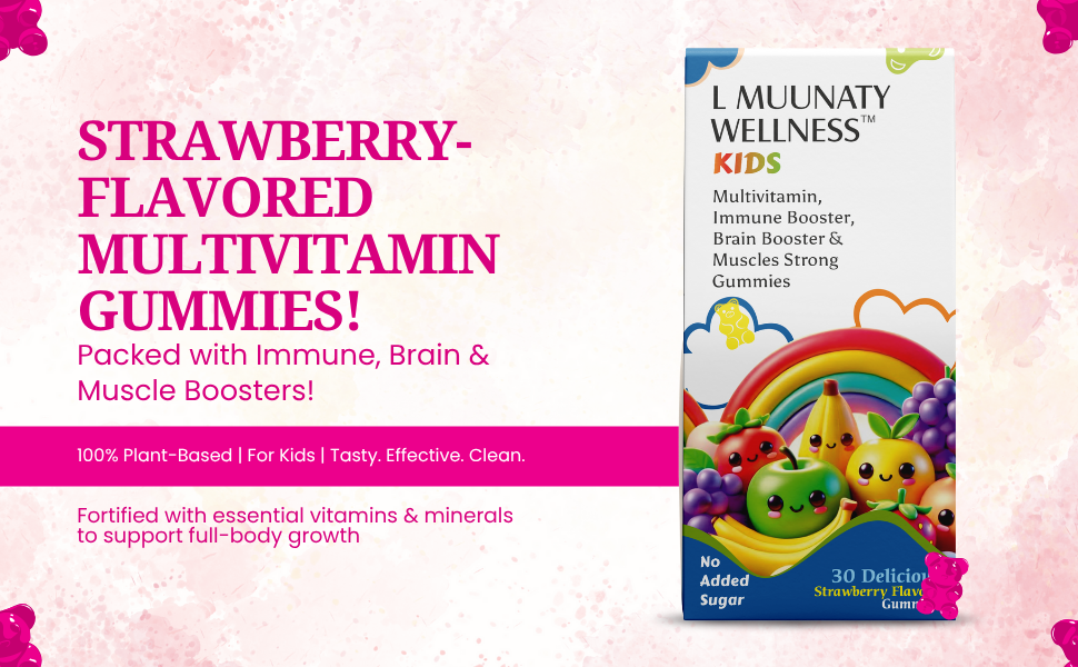 Kids Multivitamin Gummies - Immune, Brain & Muscle Support with Veg Omega-3, Vitamin A, C, D2, E, Zinc Folic Acid & Iron - Strawberry Flavor, No Added Sugar, Gluten-Free, Soy-Free - 30 Count Gummmies For Kids (2+Years)