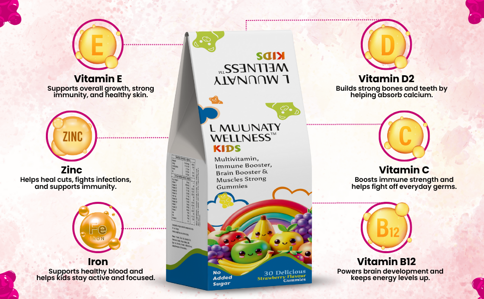 Kids Multivitamin Gummies - Immune, Brain & Muscle Support with Veg Omega-3, Vitamin A, C, D2, E, Zinc Folic Acid & Iron - Strawberry Flavor, No Added Sugar, Gluten-Free, Soy-Free - 30 Count Gummmies For Kids (2+Years)