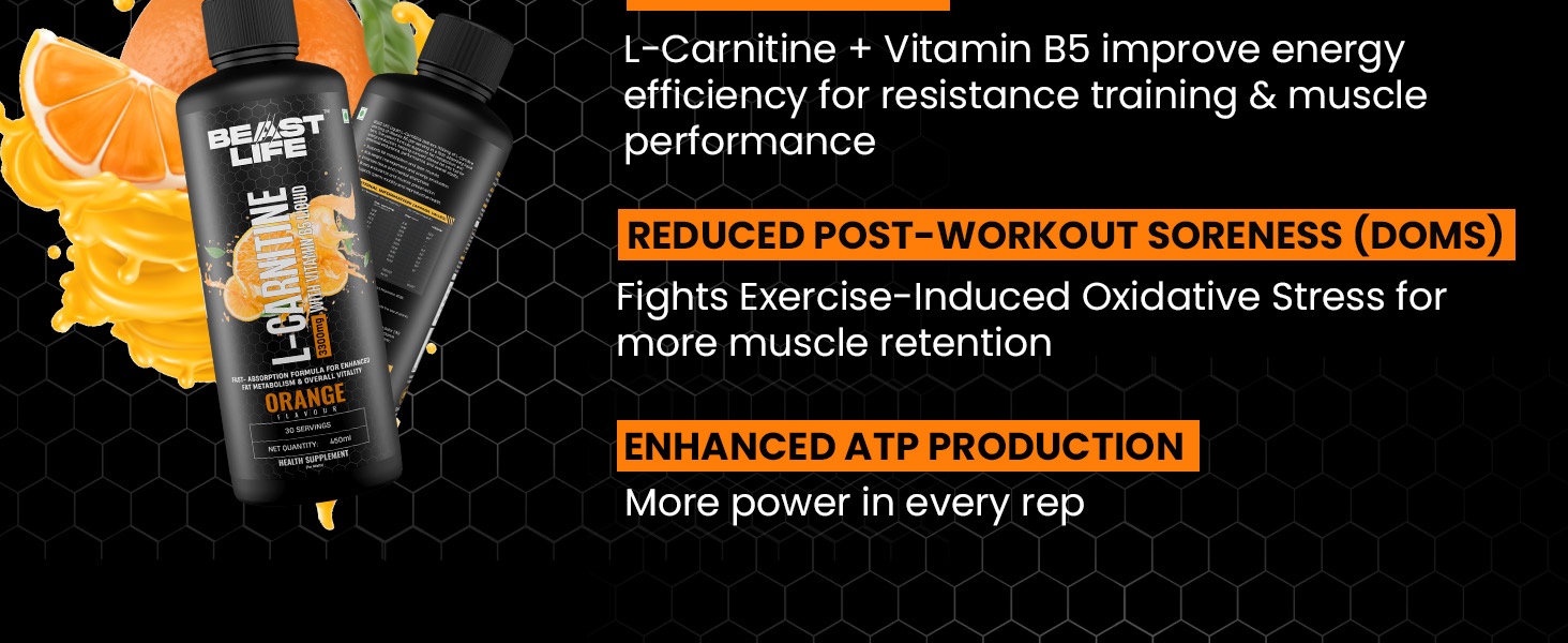 BeastLife L-Carnitine Liquid | 1100mg (Orange Flavour, 450 ml, 30 Servings) Converts Fat to Energy | Supports Weight Loss & Fat Burn | With Vitamin B5 | No Added Sugar