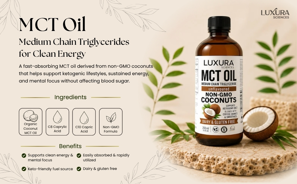 Luxura Sciences Edible MCT Coconut Oil | Non-GMO, Unflavored, Keto & Paleo Friendly, Dairy & Gluten Free | Ideal for Coffee, Cooking, Smoothies & Baking (250ml)