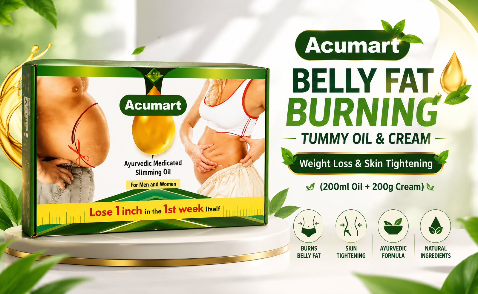 Belly Fat Burning Tummy Oil & Cream – Weight Loss & Skin Tightening (200ml Oil+ 200g Cream)